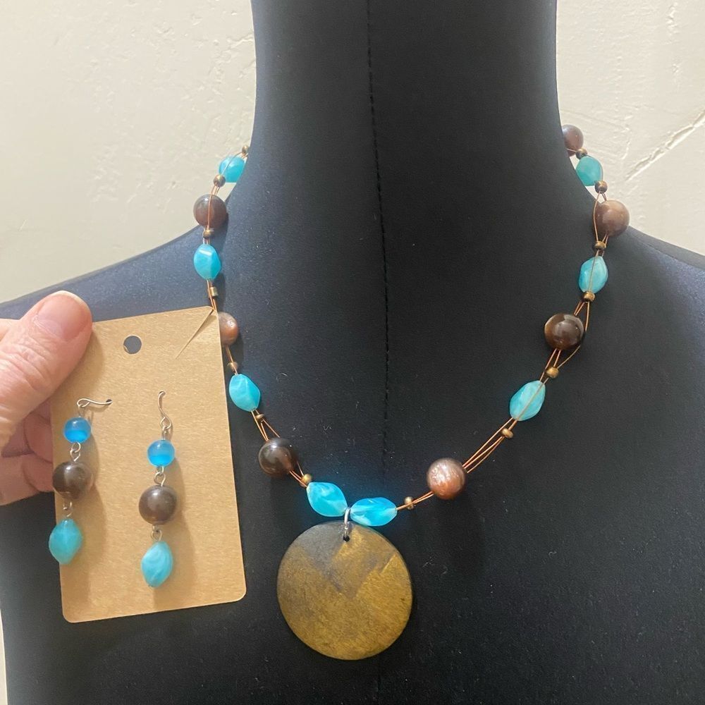 Blue and Brown Beaded Necklace and Earring Set with wood pendant